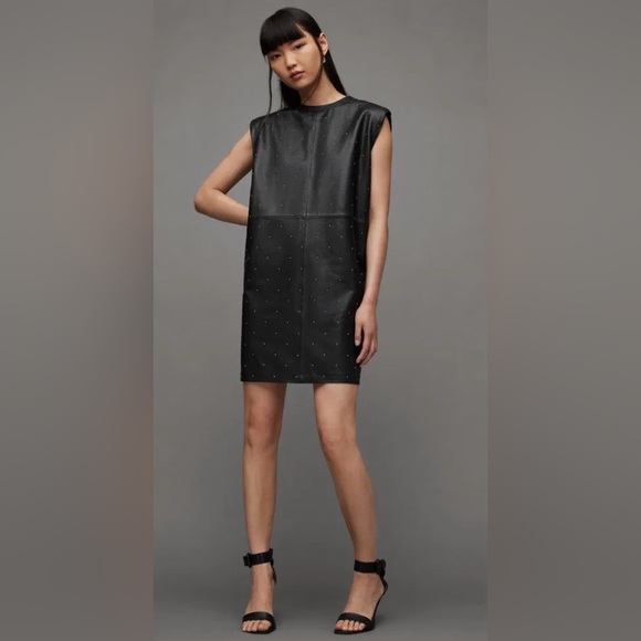 All Saints Dresses & Skirts - All Saints Black Studded Leather Mini Shift Dress - NWT